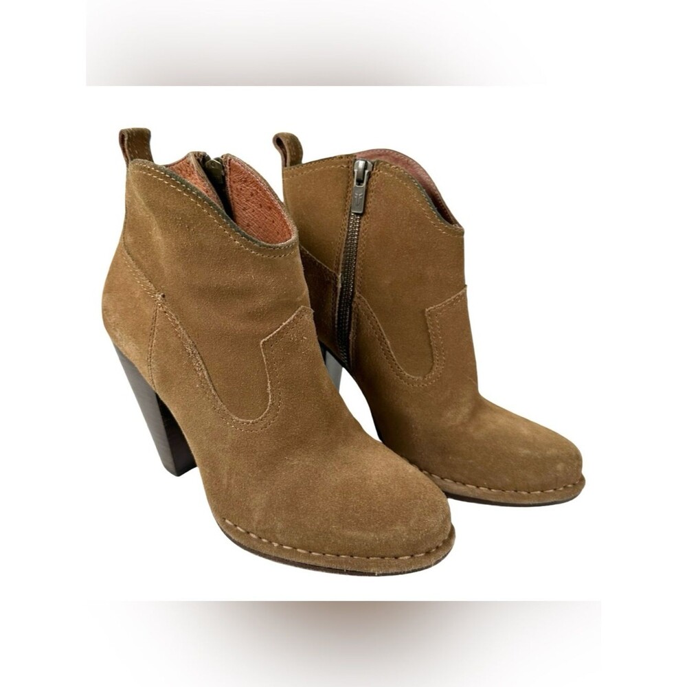 Frye Madeline Tan Suede Leather Block Heel Western Cowgirl Ankle Boots Size 7M